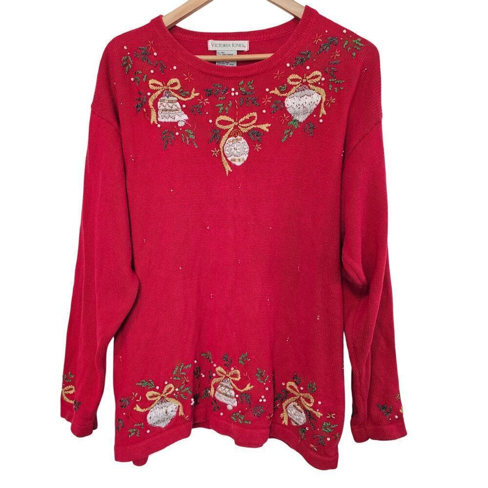 Vintage Christmas Sweater Women XL Red Embroidered Ornaments Holiday Beaded Glam